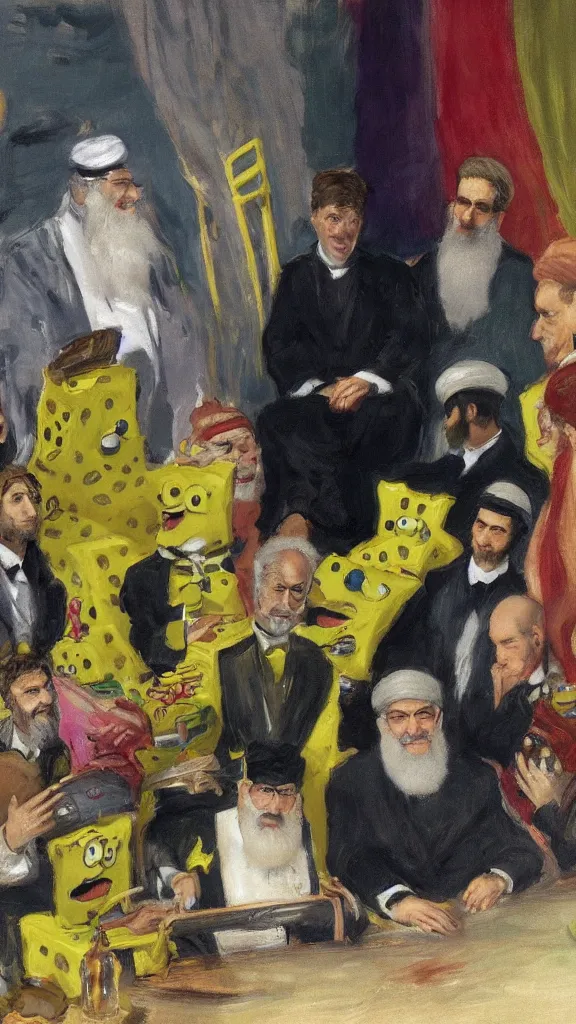 Image similar to spongebob beside ali khamenei by john singer sargent, cinematic, detailed