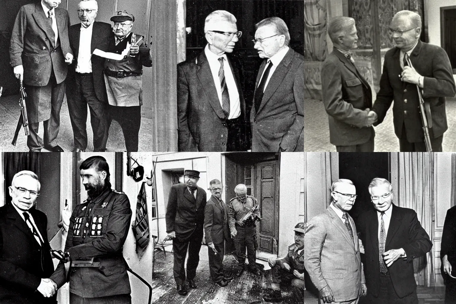 Prompt: eugene stoner meets mikhail kalashnikov, historical photograph