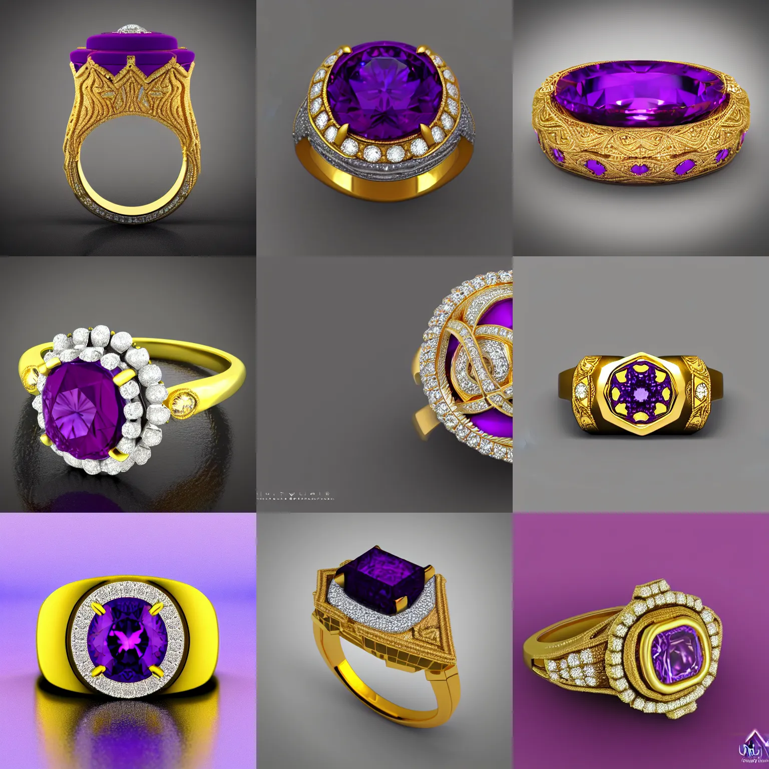 Prompt: mystical gold and diamond ring with fine purple details, ultra detailed, centered, octane render, elegant