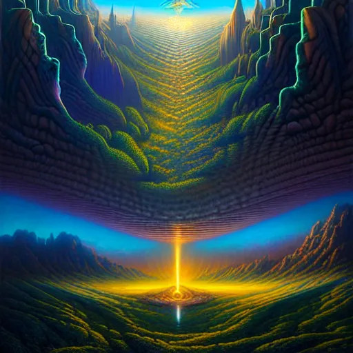 Image similar to of an impossible landscape with a infinite multi dimension portal, spaceship bending spacetime with a beautiful ultra detailed matte painting a lush mountain range at dusk by tomasz alen kopera and Justin Gerard and Dan Mumford, tarot card, dazzling energy, ultra wide angle shot, high angle shot, intricate, fractal magic, rays of god, hyperdetailed, micro details, volumetric lighting, 8k, ray tracing, polarized lens