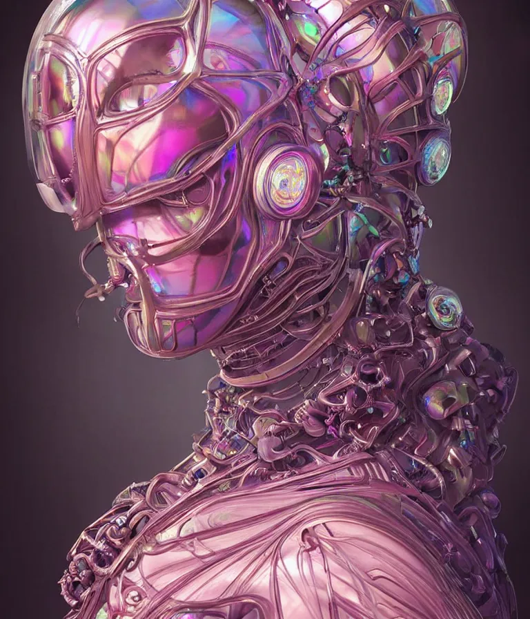 Prompt: fully symmetrical centered iridescent portrait of a beautiful princess in robe. artificial muscles, ribcage, bones, hard surface modelling. cyberpunk look. biomechanical mask. bio luminescent biomechanical halo around head. jellyfish. artwork by jarold Sng by artgerm, by Eddie Mendoza, by Peter mohrbacher by tooth wu, unreal engine, octane render, cinematic light, high details, iridescent colors, dichroic, macro, depth of field, blur