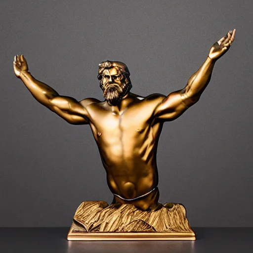 Image similar to bronze metallic statue of Poseidon rising above waves on a wooden desk, studio lighting