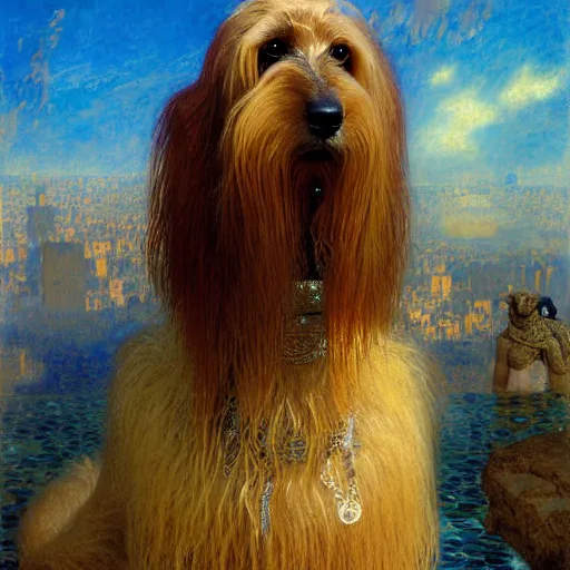 Image similar to portrait of a male furry afghan hound dog in a swimsuit. shadowrun furaffiniy cyberpunk fantasy highly detailed painting by gaston bussiere craig mullins jc leyendecker gustav klimt artgerm greg rutkowski john berkey, bergey, craig mullins, ruan jia, raymond swanland, jeremy mann, tom lovell, alex malveda