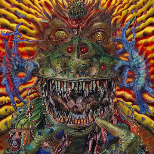 Prompt: a very crazy and high hyper detailed painting with many complex textures and sacred animal skin, of a monster with three heads and a scaly body, and a head inside the stomach from which several deformed soldiers come out running and screaming, crazy faces of free spirts, psychedelic surreal cosmic magic realism chaotic weird bizarre art and spitual psychotic