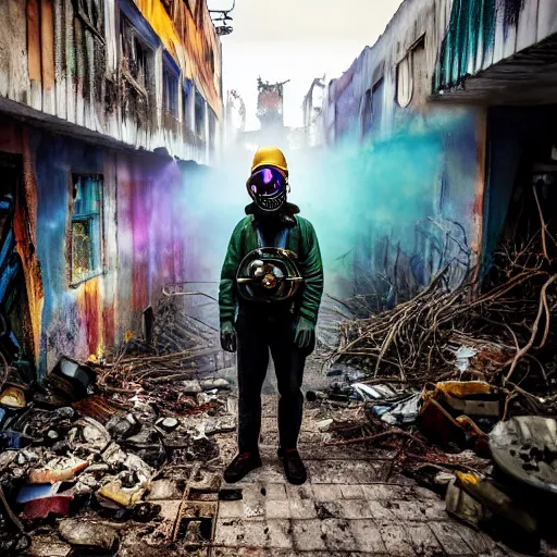 Prompt: A colorful photo of a mysterious man with a gas mask wearing a flashlight is standing in the midle of a staircase alley looking in the direction of the camera :: exterior, blue sky visible :: ruined city with vegetation and trees growing everywhere on the destroyed buildings :: apocalyptic, gloomy, desolate :: long shot, low angle, dramatic backlight, symmetrical, night, slightly colorful photography :: cinematic shot, very detailed