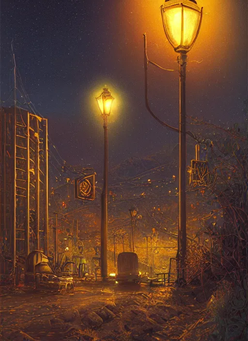 Prompt: street lamp lit structure off in the seattle hills at night. vintage shapes, retro technology, happy colors dariusz zawadzki, tim hildebrandt, wayne barlow, bruce pennington, larry elmore, oil on canvas, deep depth field, masterpiece, cinematic composition