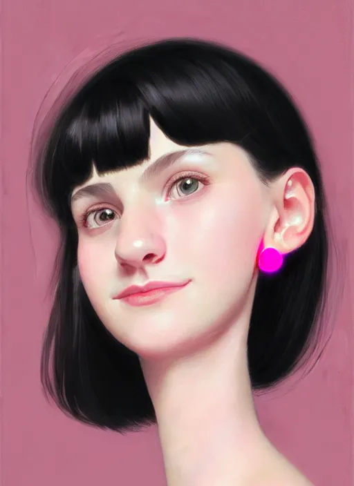 Image similar to portrait of teenage girl, realistic, black hair, bangs, half updo hairstyle, pointy nose, skinny, smile, ugly, defined jawline, big chin, pink hair bow, earrings, intricate, elegant, glowing lights, highly detailed, digital painting, artstation, sharp focus, illustration, art by wlop, mars ravelo and greg rutkowski