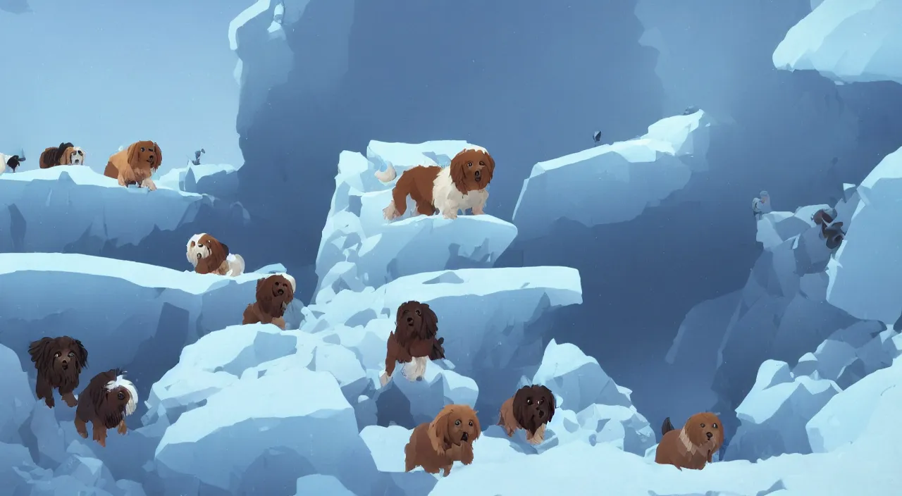 Prompt: havanese dogs rescuing arctic explorers at the edge of an ice cliff, 1 9 0 0, tartakovsky, atey ghailan, goro fujita, studio ghibli, rim light, scary, afternoon lighting, clear focus, very coherent