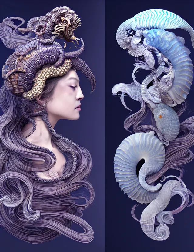 Image similar to 3 d goddess nautilus half - turn portrait with long hair with ram skull. beautiful intricately detailed japanese crow kitsune mask and clasical japanese kimono. betta fish, jellyfish phoenix, bio luminescent, plasma, ice, water, wind, creature, artwork by tooth wu and wlop and beeple and greg rutkowski