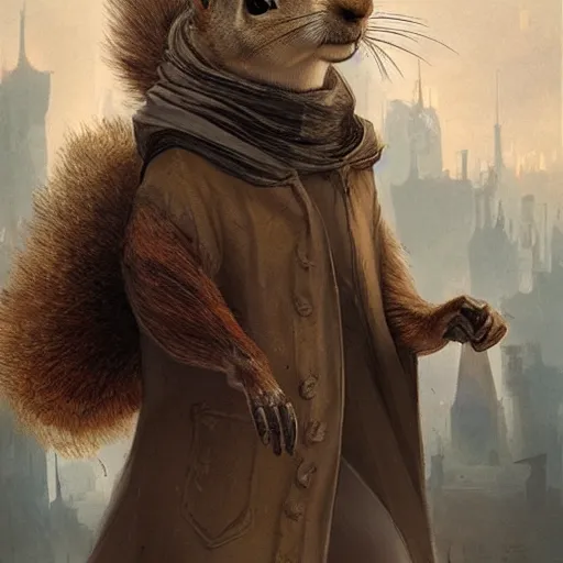 Image similar to Anthropomorphic Squirrel wearing a Cloak sitting otop a roof in a decimated city, concept art,like a action book cover,by rossdraws and greg rutkowski,Leonardo DaVinci