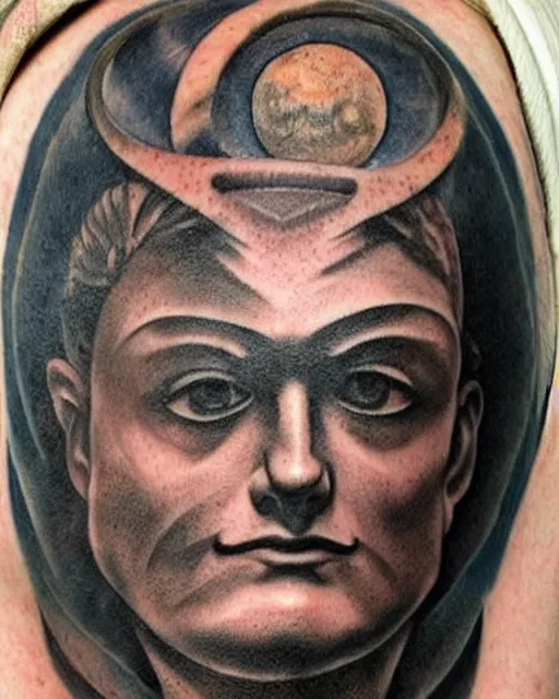 Image similar to planets coming out from the top of a broken renaissance head statue, tattoo design, hyper - realistic, in the style of tony santos