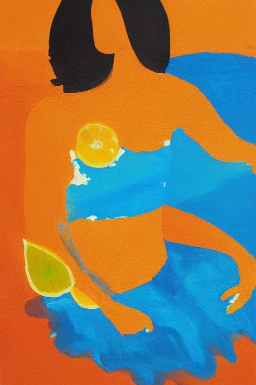 Prompt: a Acrylic painting of a girl ,summer ,water,wave , orange and orange slices,blue theme and Yellow accents,Colour composition by Kenya Hara