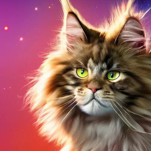 Image similar to A fluffy Maine Coon travelling through space. High resolution. Highly detailed. Art station. 8k