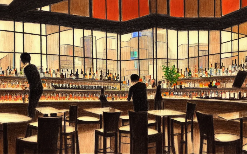 Prompt: feng zhu drawing of loft lounge with tall windows, few people, city in background, bar counter with bartender and few chairs nearby, sparse plants, dim painterly lighting volumetric aquatics, impasto