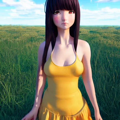 Prompt: Render of a very beautiful 3d anime girl, long hair, hazel eyes, cute freckles, full round face, short smile, cute sundress, golden hour, blue background, medium shot, mid-shot, highly detailed, trending on Artstation, Unreal Engine 4k