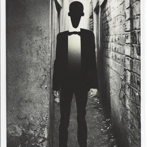 Image similar to polaroid of slenderman standing in dark alley