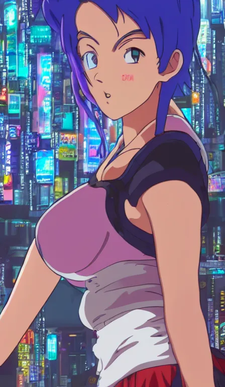 Prompt: anime fine details portrait of Bulma in front of cyberpunk moder city landscape on the background deep bokeh, close-up view, anime masterpiece by Studio Ghibli. 8k, sharp high quality anime, artstation