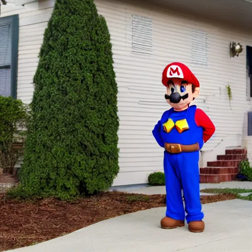 Image similar to bootleg super mario costumed man standing in front of an american house