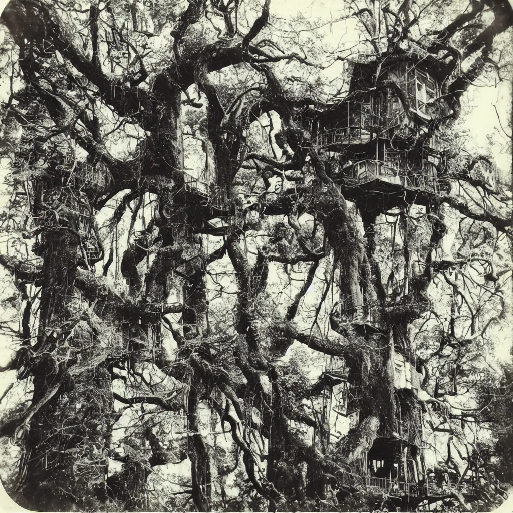 Prompt: vintage polaroid of cosmic horror in a tree house