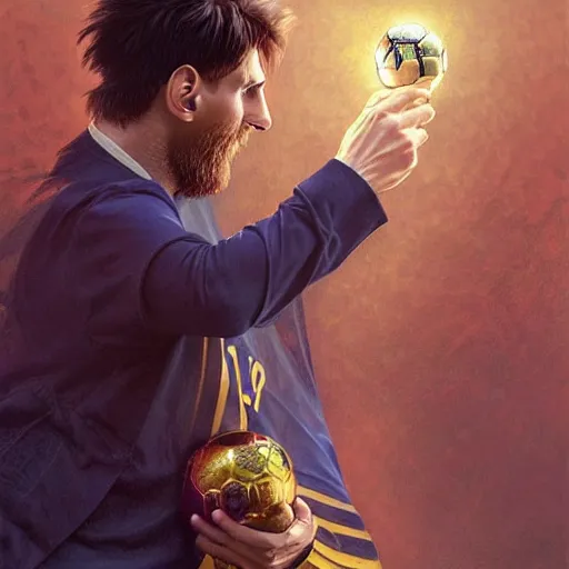 Image similar to Lionel Messi winning his 14th Ballon d'Or, D&D, intricate, elegant, highly detailed, digital painting, artstation, concept art, matte, sharp focus, illustration, art by Artgerm and Greg Rutkowski and Alphonse Mucha