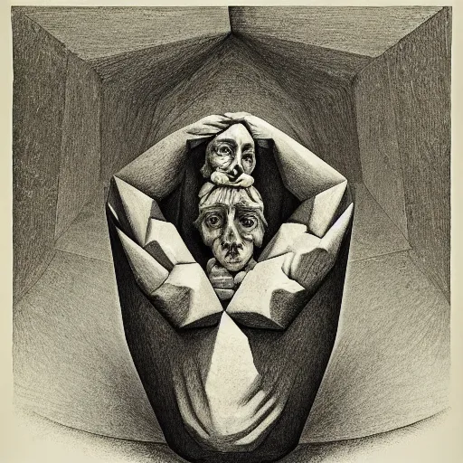 Image similar to lithography on paper corner stone artifact conceptual figurative post - morden monumental dynamic portrait by goya and escher and hogarth, illusion surreal art, highly conceptual figurative art, intricate detailed illustration, controversial poster art, polish poster art, geometrical drawings, no blur