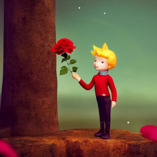 Prompt: the little prince holding a red rose and standing with a fox illustration, bokeh, octane render, award winning
