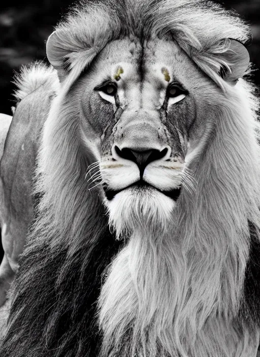 Image similar to very close lion and lioness black and white portrait white sky in background