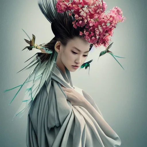 Image similar to 3 / 4 view of a beautiful girl wearing an origami dress, eye - level medium shot, fine floral ornaments in cloth and hair, hummingbirds, elegant, by eiko ishioka, givenchy, albrecht durer, by peter mohrbacher, centered, fresh colors, origami, fashion, detailed illustration, vogue, japanese, reallusion character creator