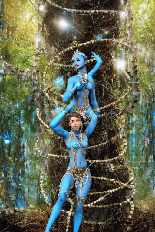 Image similar to a blue - skinned female navi from avatar wearing an elaborate outfit made out of shells wrapped in barbed wire suspended in the air between two trees, cosplay, body paint, high resolution film still, hdr color, movie by james cameron, clean composition, highly symmetric body parts