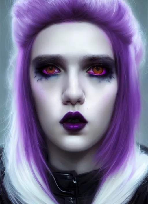 Image similar to portrait of white teenage girl, normal face, white bangs, mall goth, cyberlox, black and white hair, bangs, fluffy bangs, red contact lenses, purple lipstick, intricate, elegant, highly detailed, digital painting, artstation, concept art, sharp focus, smooth, illustration, art by wlop, mars ravelo and greg rutkowski