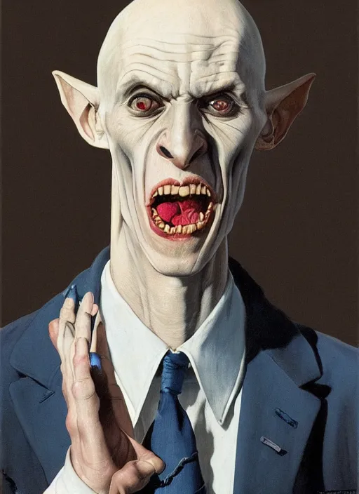 Prompt: upper body portrait of blue-faced nosferatu in a suit, by leyendecker and norman rockwell, photoreal, character concept art, artstation