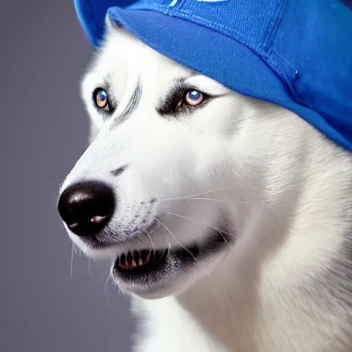 Prompt: a studio photo of a husky wearing a blue cap,photorealistic,professional photography,focus,50mm lens,hyperdetailed,studio lighting,3 point lighting,detailed face,cute