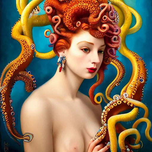 Image similar to dynamic composition, a painting of a woman with hair of octopus tentacles and ( brightly - colored - corals ), wearing ornate earrings, a surrealist painting by tom bagshaw and jacek yerga and tamara de lempicka and jesse king, underwater, featured on cgsociety, pop surrealism, surrealist, dramatic lighting, pre - raphaelite, ornate gilded details