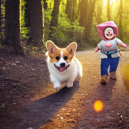 Image similar to 8k highly detailed photograph of a happy gnome riding the most adorable Corgi Puppy, on a forest hiking trail golden hour,