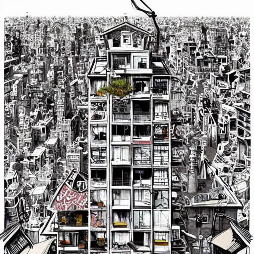 Image similar to crazy apartments, extremely detailed, sharp focus, wide view, full body shot, smooth, digital illustration, by james jean, by rossdraws, frank franzzeta, mcbess, sakimichan