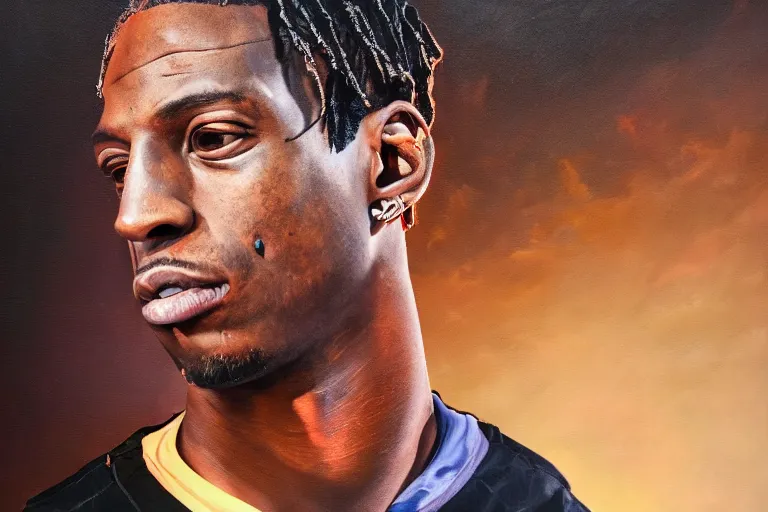 Prompt: travis scott oil painting portrait, volumetric lighting, award - winning, perfection, ambitious, ambient occlusion, vibrant, 4 k hd, grainy,