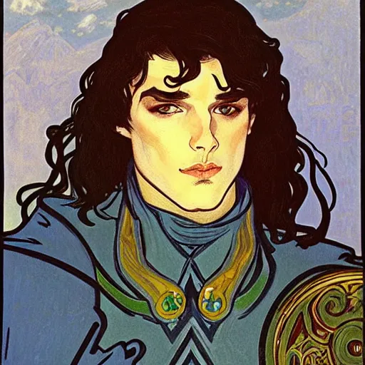 Image similar to portrait painting of young handsome beautiful paladin elf!! man with long! wavy dark hair and blue eyes in his 2 0 s named taehyung minjun james fighting a group of goblins, pale, wearing armor!, modest, elegant, cute, delicate, soft facial features, art by alphonse mucha, vincent van gogh, egon schiele,