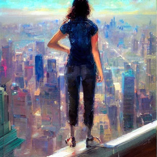 Prompt: “ girl standing on a roof looking down at a futuristic new york city below, by daniel gerhartz ”