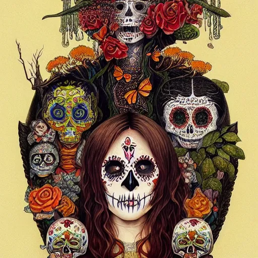 Prompt: beautiful portrait painted in jacek yerka and aykut aydogdu style drawn by sasha bom and takato yamamoto, inspired by dia de los muertos, intricate acrylic gouache painting, high detail, sharp high detail, artstation, manga and anime