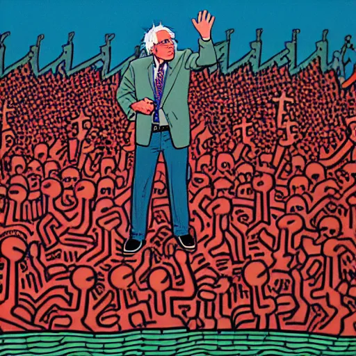 Prompt: bernie sanders speaking to a large audience, keith haring, detailed