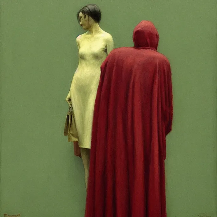 Image similar to woman in black robed, back to us, arms to the sides, dressed in red paper bags, holding stack of green paper bags, highly detailed, artstation, art by edward hopper, zdislav beksinski, wayne barlowe, edward hopper