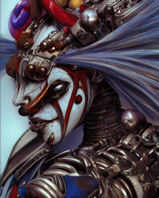 Image similar to jester, harlequin by yoshitaka amano, by masamune shirow, biomechanical, profile portrait, 4 k, wide ayes, hyper detailed, hyperrealism, anime