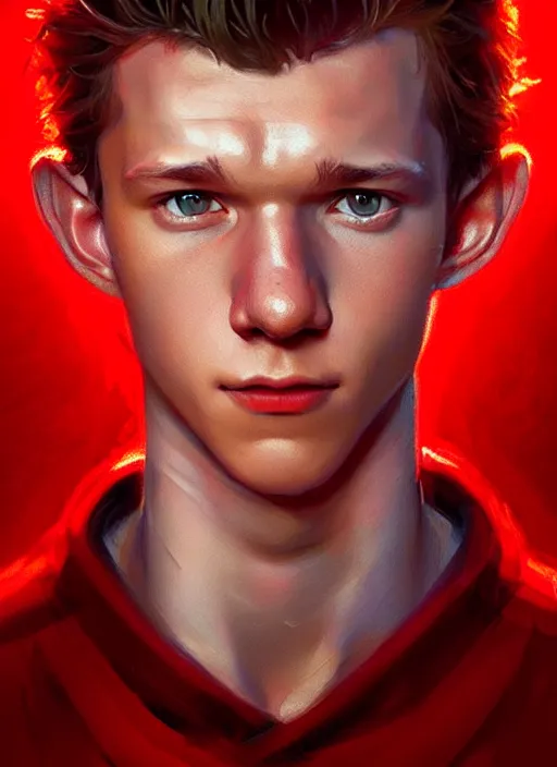 Image similar to portrait of tom holland with hazel eyes, hazel eyes, red shirt, intricate, elegant, glowing lights, highly detailed, digital painting, artstation, concept art, smooth, sharp focus, illustration, art by wlop, mars ravelo and greg rutkowski