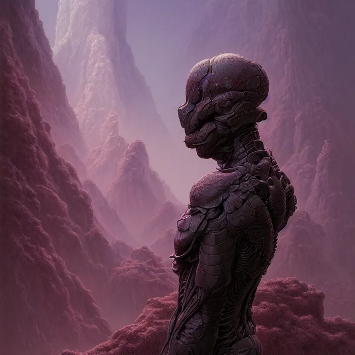 Image similar to a vertical portrait of a character in a scenic environment by wayne barlowe, dreamy hazy, biological armor, highly detailed, 3 d render, vray, octane, realistic lighting