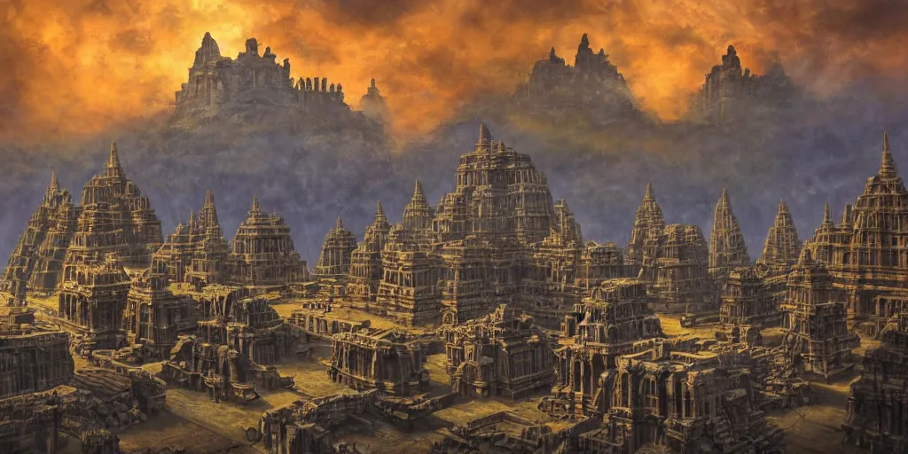 Image similar to fantasy oil painting, mega structure city, kailasa temple, ellora, angkor wat, hybrid, looming, small buildings, warm lighting, street view, silhouetted figure standing overlooking, space port city, epic, distant mountains, bright clouds, luminous sky, cinematic lighting, michael cheval, david palladini, artstation, oil painting, natural tpose