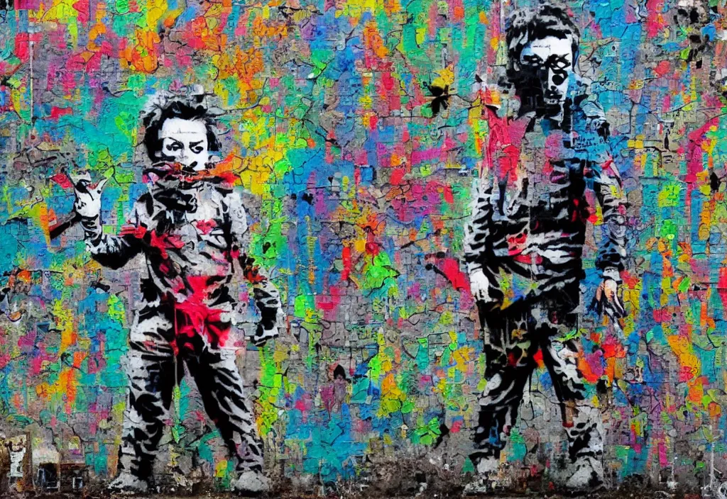 Image similar to full color banksy graffiti anti art, rage against the status quo, detailed, realistic, glitch art effect