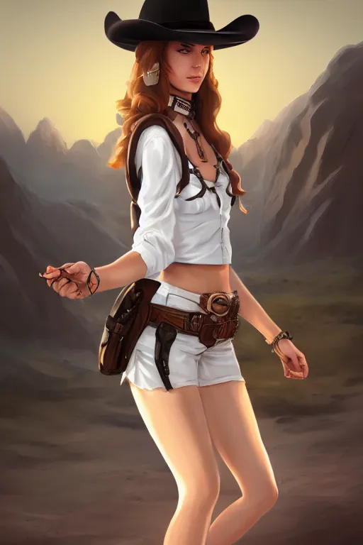 Prompt: full body, female cowgirl, perfect face, white blouse, holster, 8 k, magic the gathering, desert, d & d, artstation, high detail, smooth, sweaty