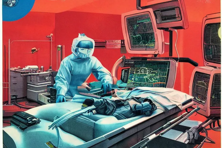 Prompt: 1979 OMNI Magazine Cover depicting a cyberware surgery operating room in a garage Cyberpunk Akira style by Vincent Di Fate