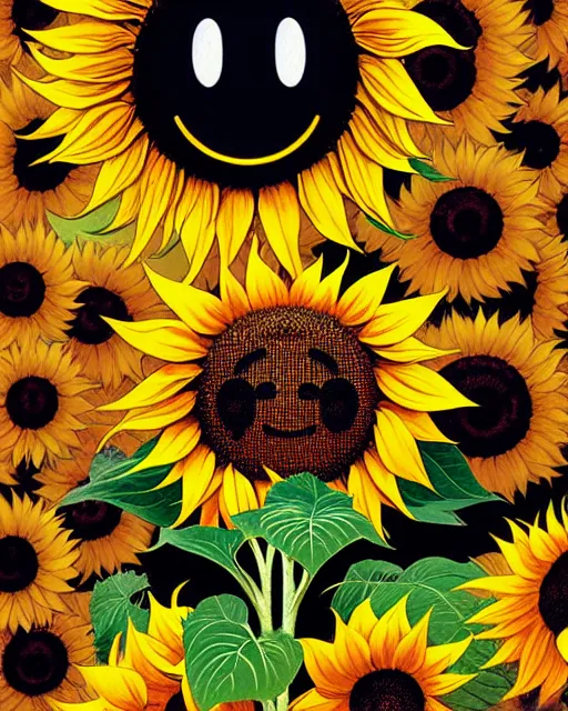 Image similar to sunflower with a smiley face, cinematic, dramatic, super detailed and intricate, by koson ohara, by darwyn cooke, by greg rutkowski, by satoshi kon