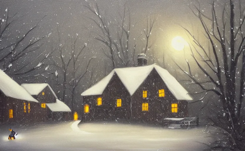 Prompt: snowy dark night scene depicting a single house in the woods with one bright window and a man running away from it. oil painting.